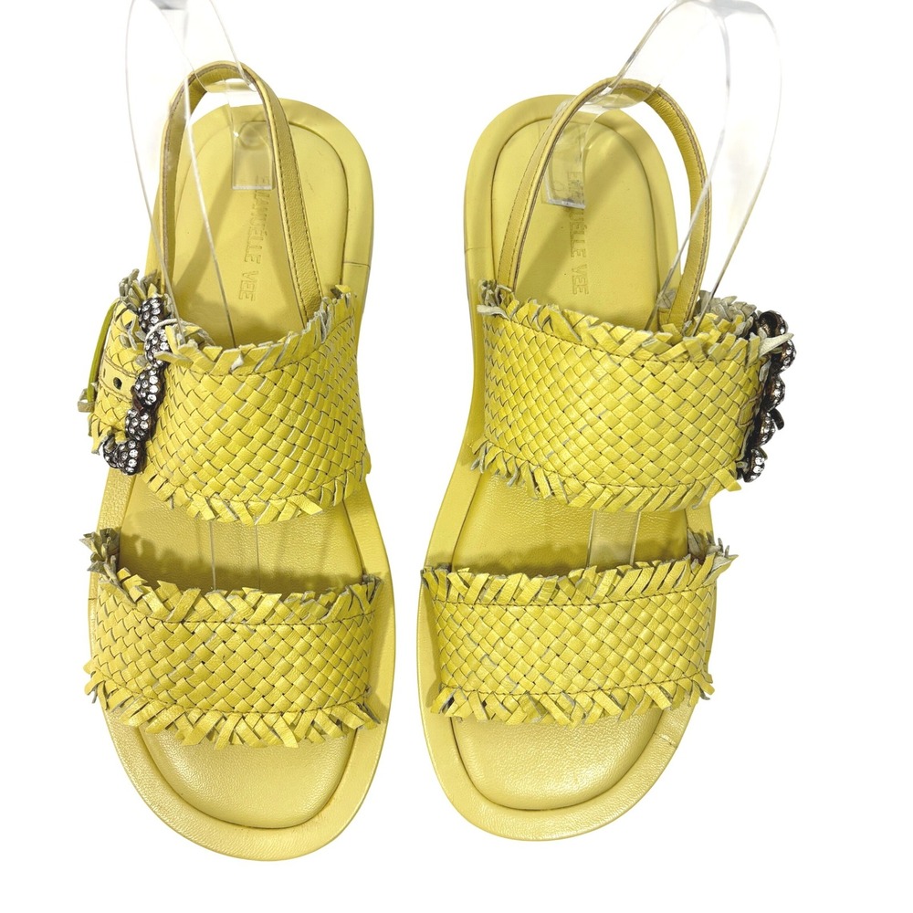 Emanuelle Vee Vanessa Yellow Woven Leather Rhinestone Buckle Sandals Size 39 - Picture 8 of 9